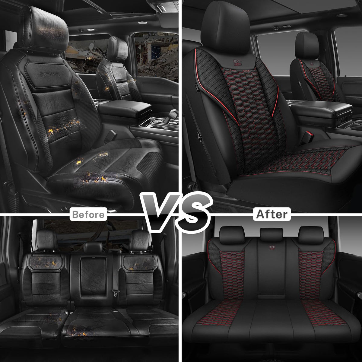 3D Foam Mesh Faux Leather Car Seat Covers Full Set, Black and Red E3690