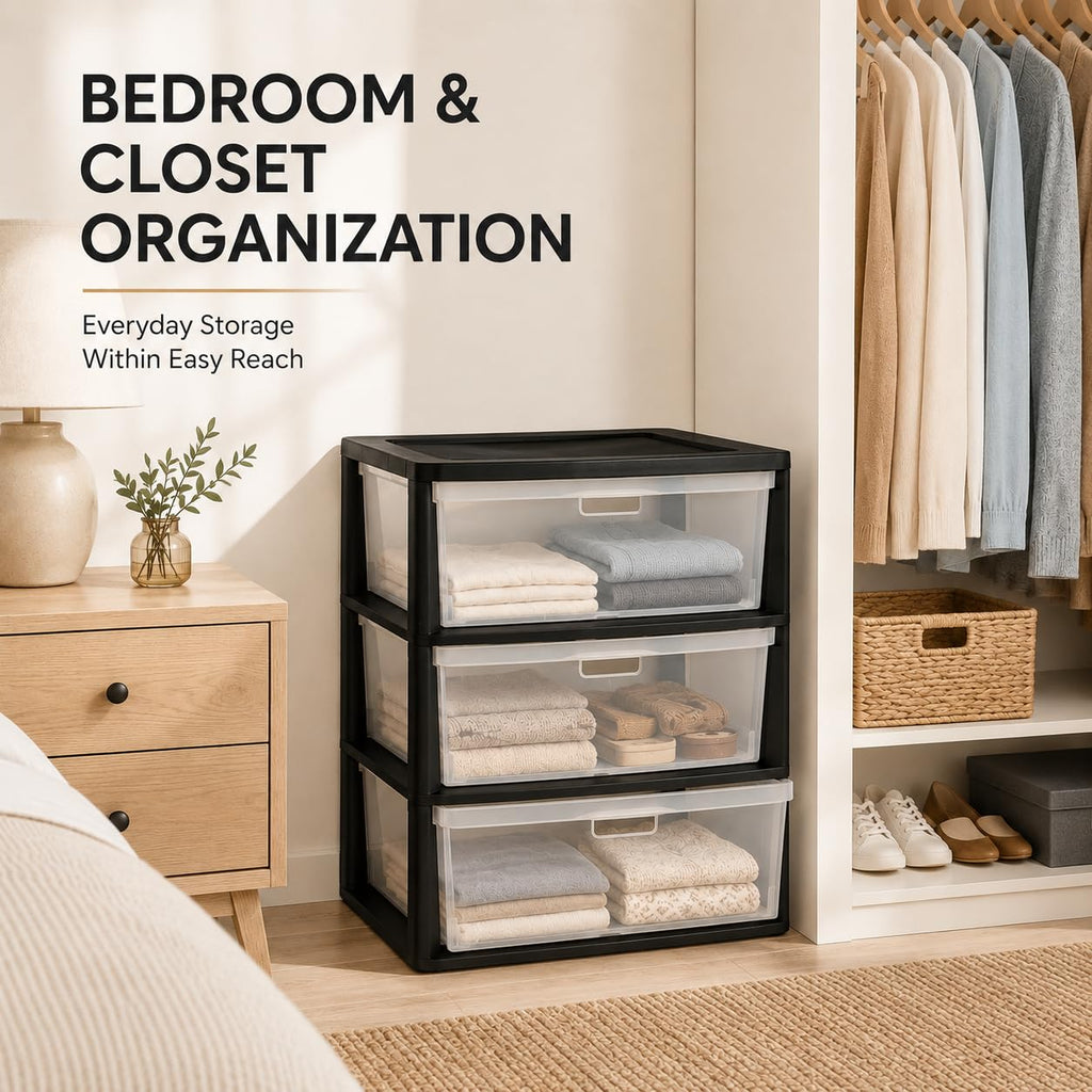 Plastic 3 Drawer Storage Tower with Clear Removable Bins R8542