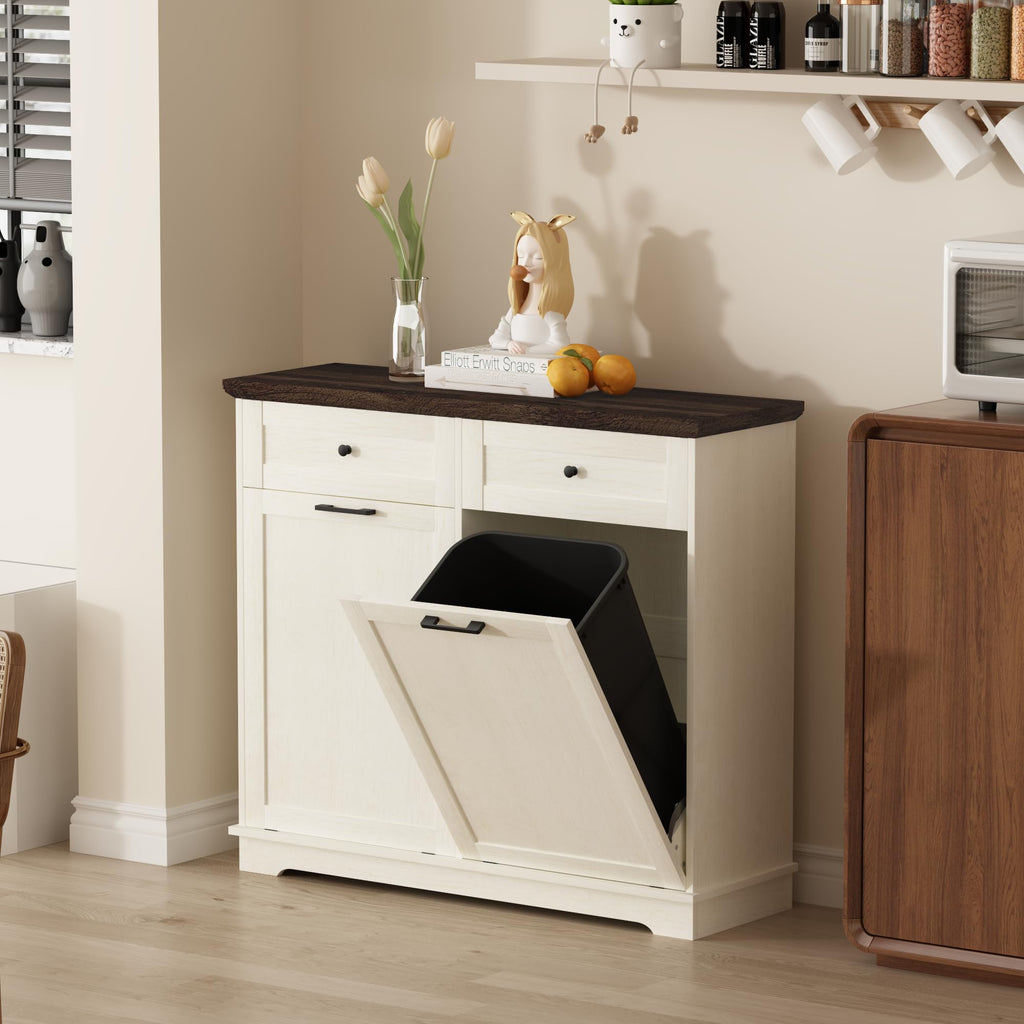 20 Gallon Double Tilt Out Wood Trash Can Cabinet with Drawer D4337