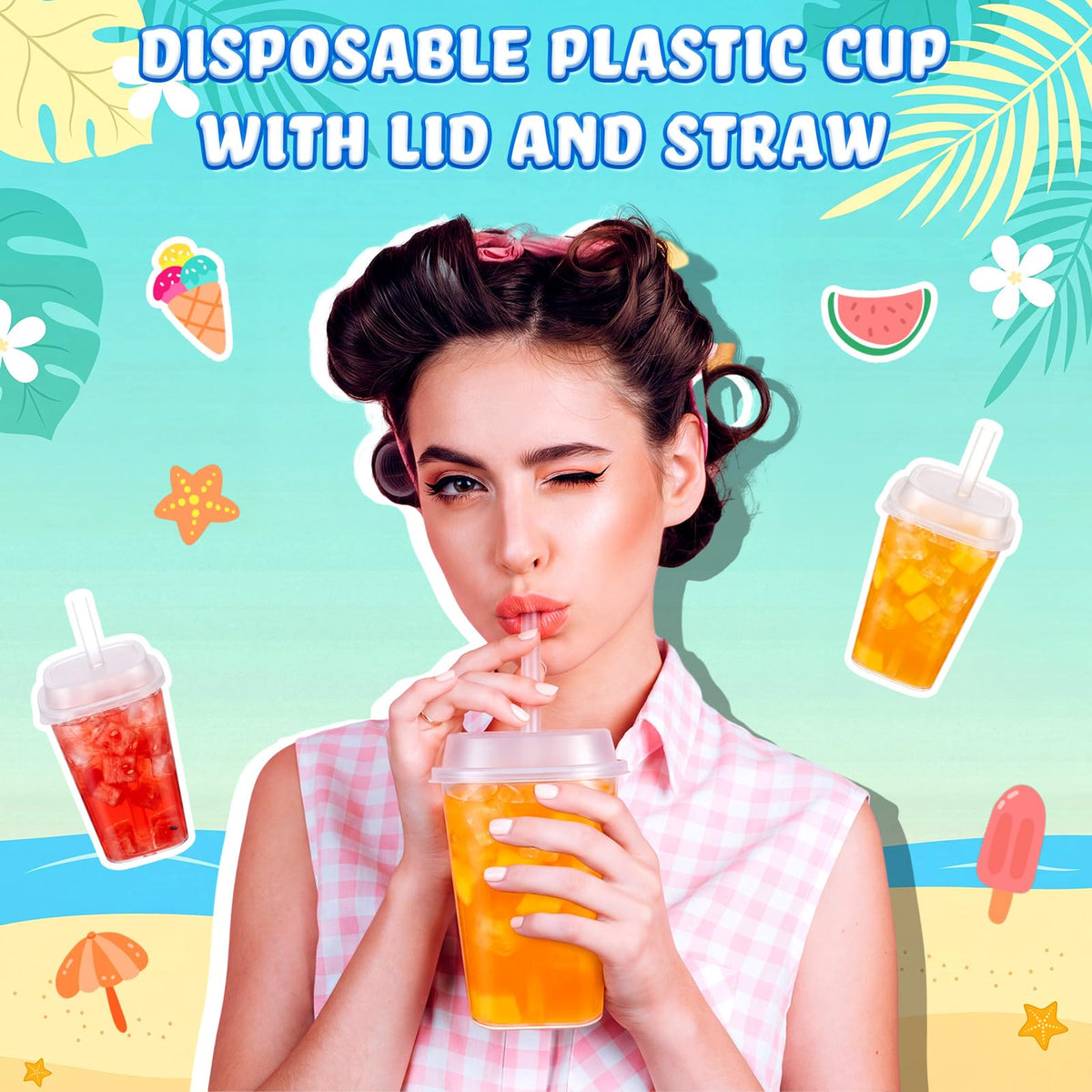 30 Pack 22 oz Clear Plastic Cups with Lids & Straws I9637