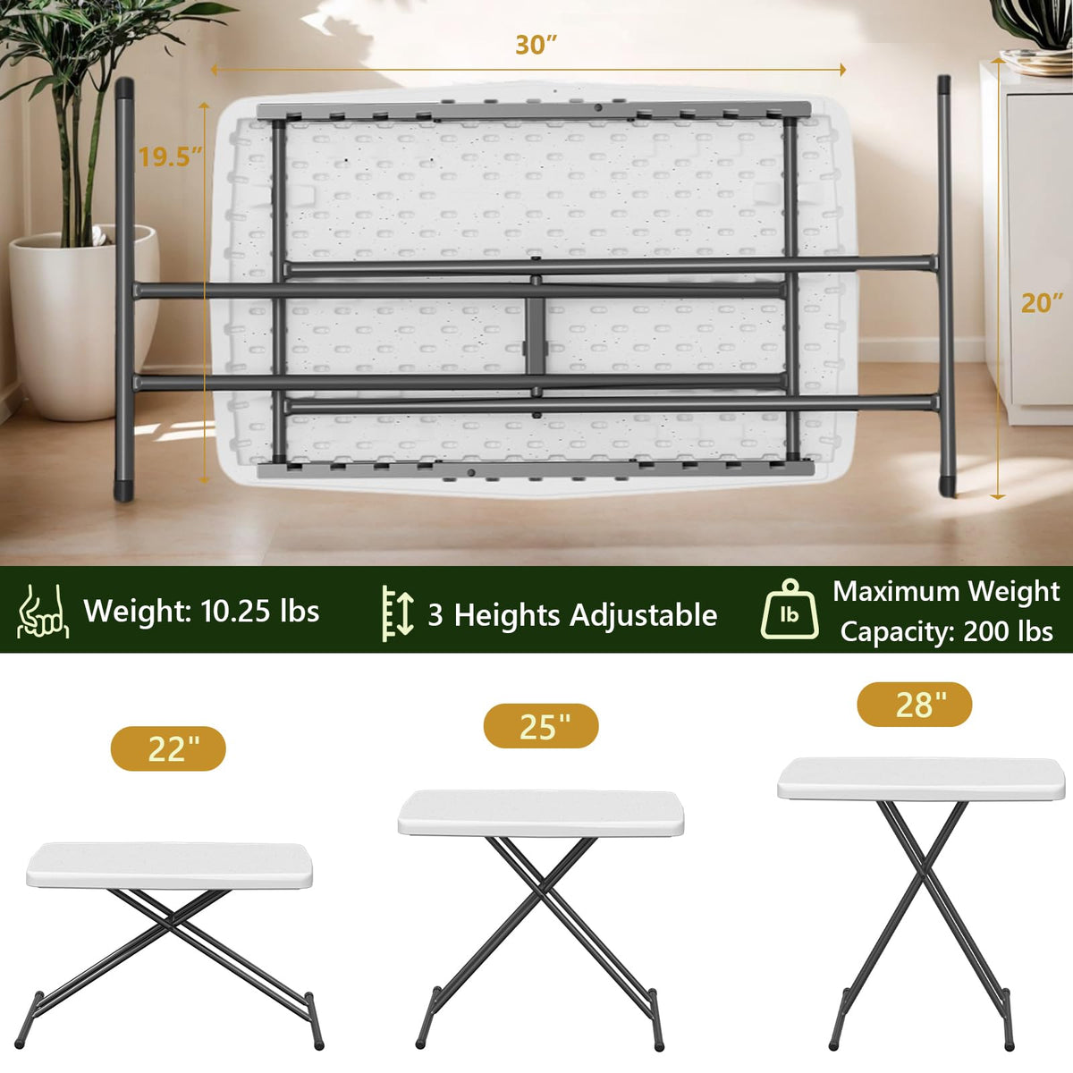 Folding Table 30 Inch Adjustable Height White Granite H96887
