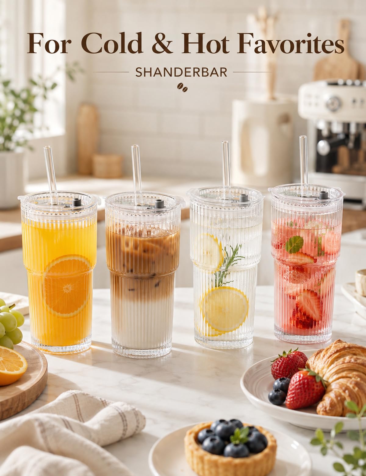 20 oz Ribbed Glass Tumblers with Lids and Straws, Set of 4 H70270