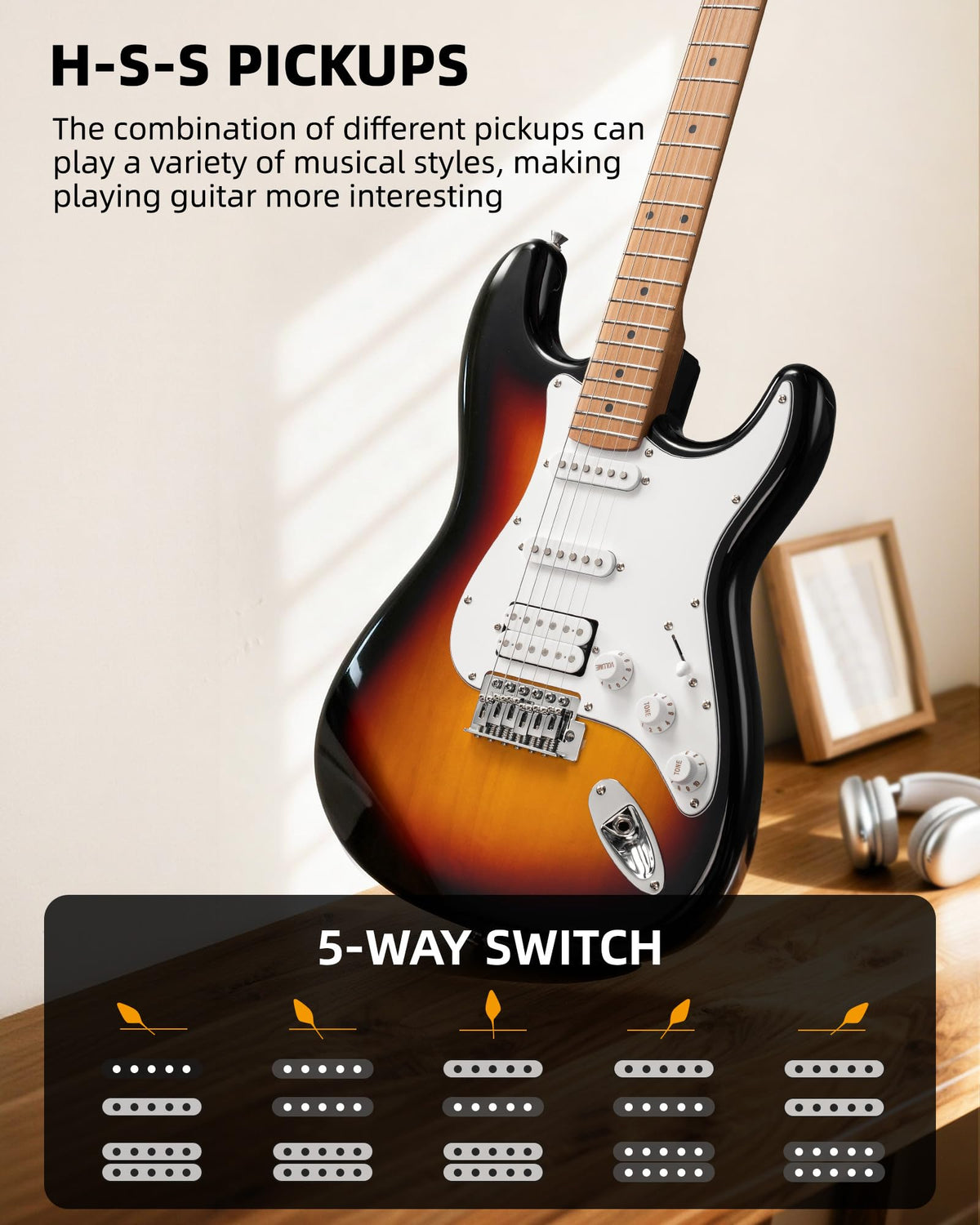 39 Inch HSS Electric Guitar Kit with 5W Mini Amp and Bag L358