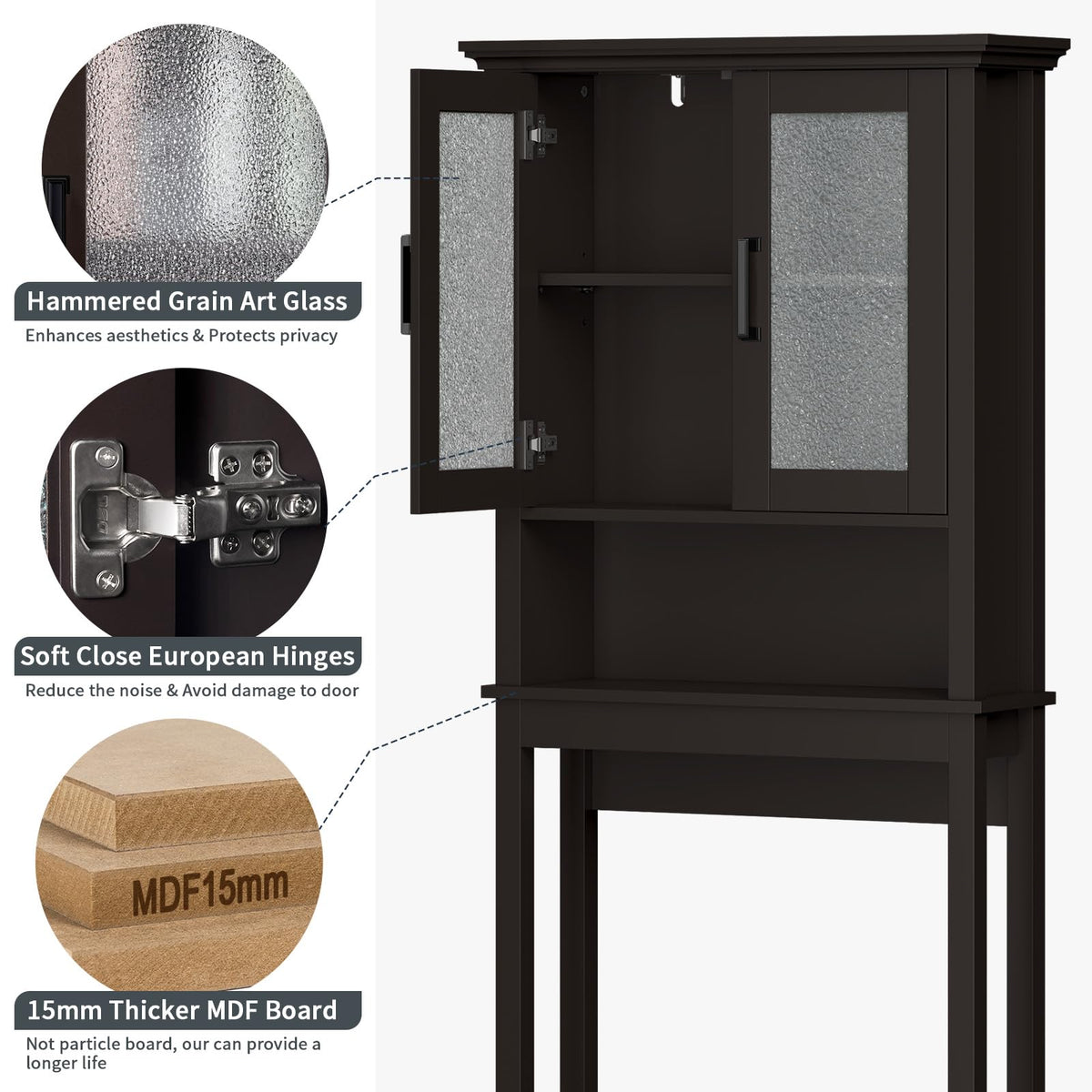 Over Toilet Storage Cabinet with Glass Doors and Adjustable Shelf J668