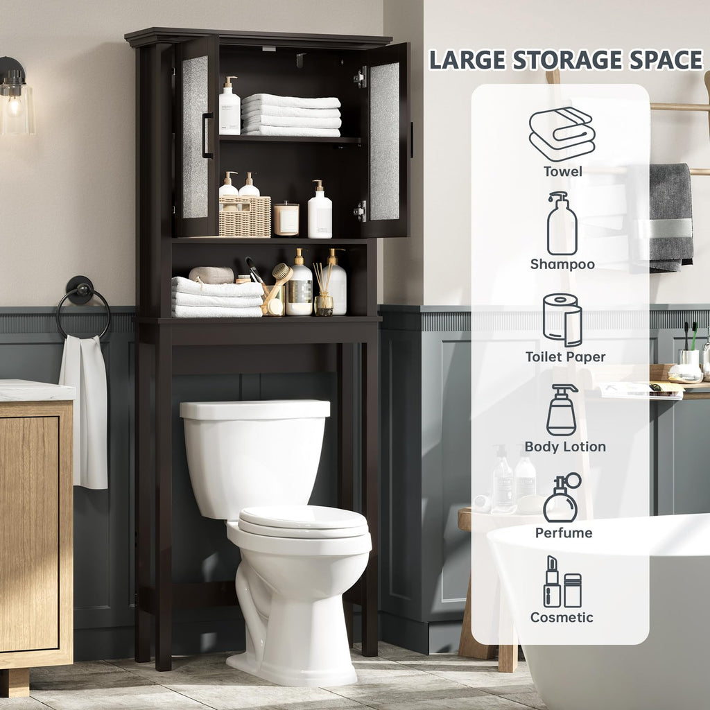 Over Toilet Storage Cabinet with Glass Doors and Adjustable Shelf J668