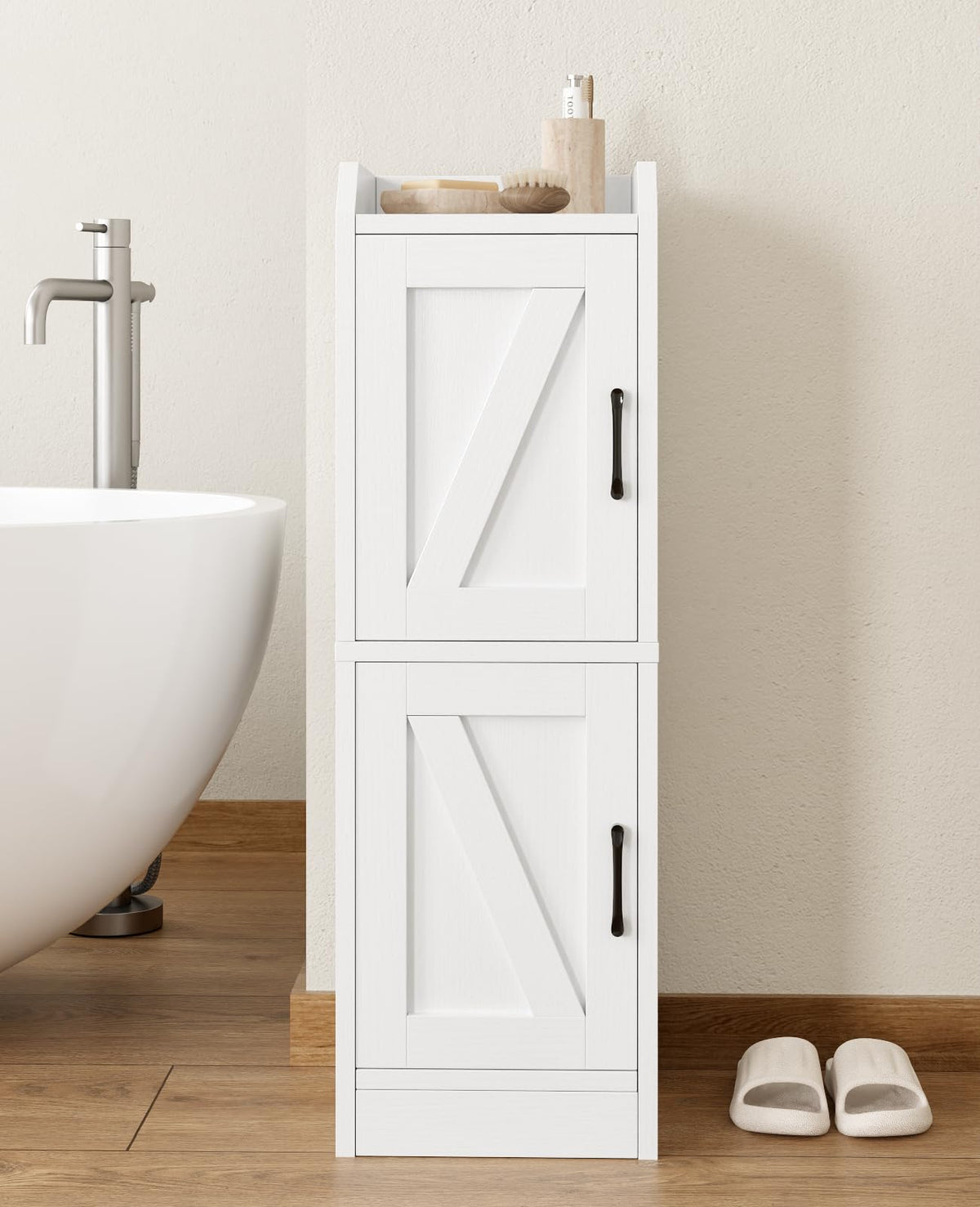 White Narrow Bathroom Storage Cabinet with 2 Doors and Shelves V232