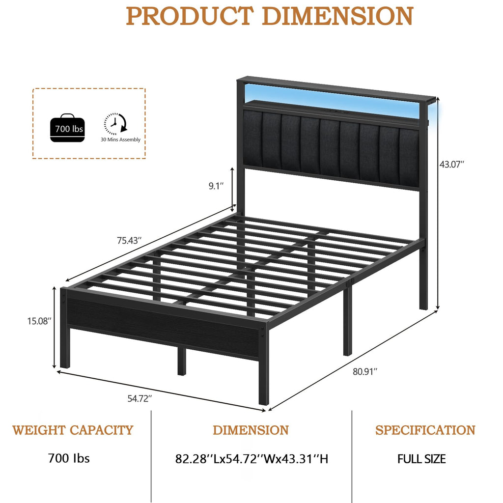 Full Size Bed Frame with Charging Station and LED Lights A6588