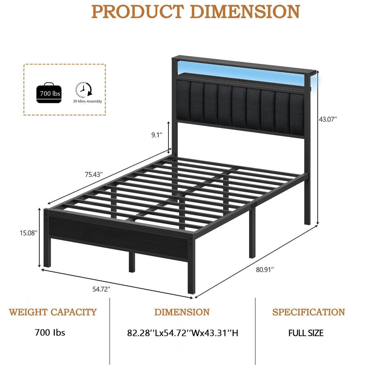 Full Size Bed Frame with Charging Station and LED Lights A6588