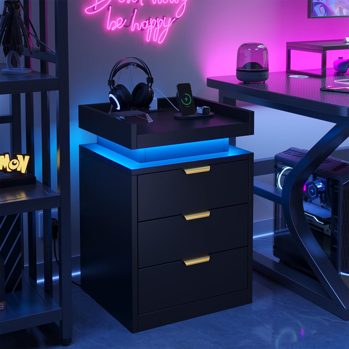 Black 3 Drawer LED Nightstand with Charging Station I1204