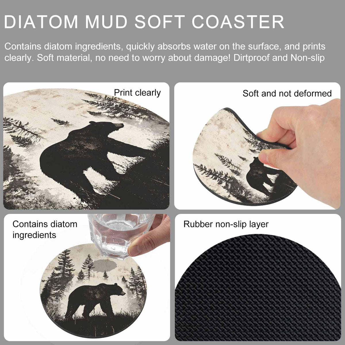 Black Beige Bear Absorbent Coasters Set of 6 V508867