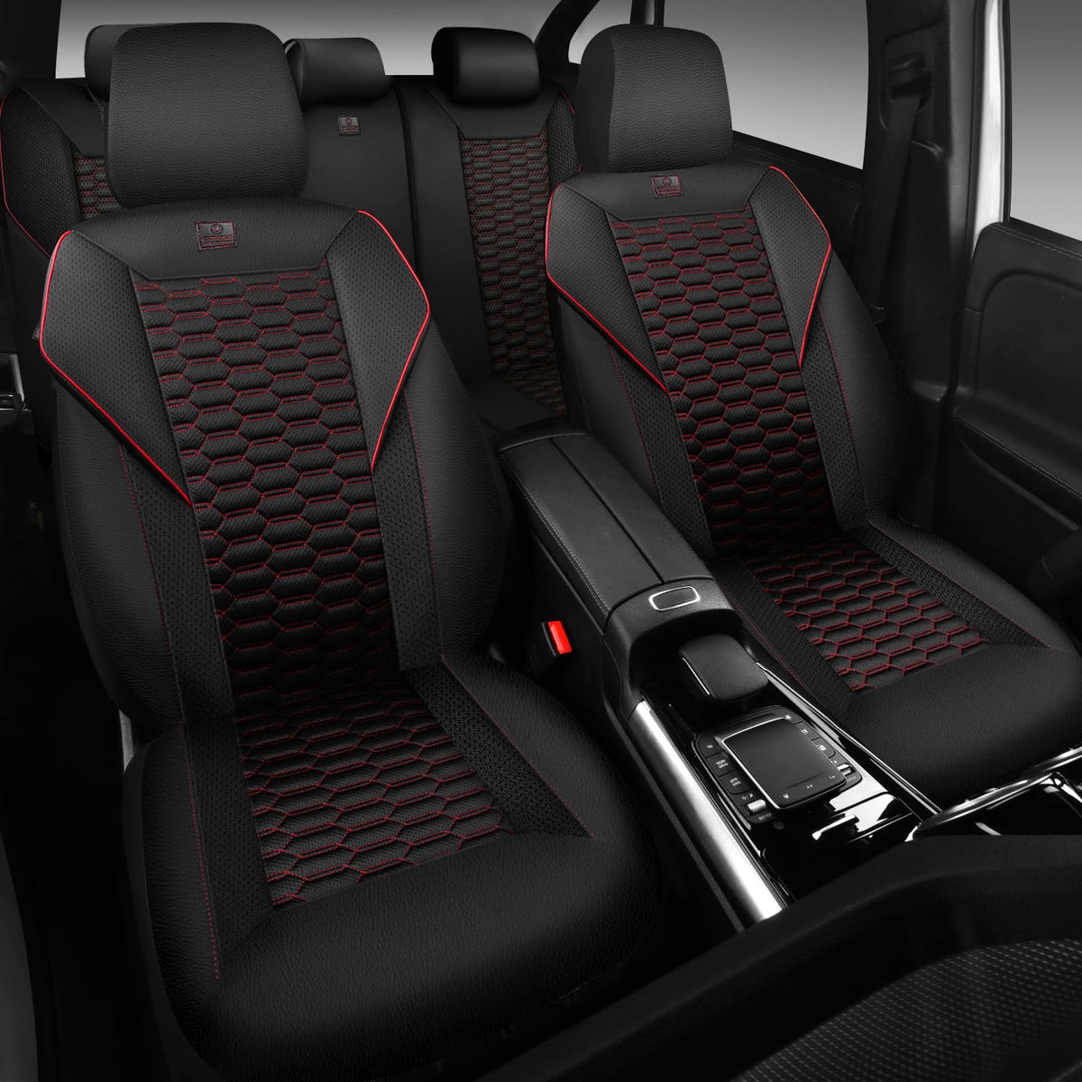 3D Foam Mesh Faux Leather Car Seat Covers Full Set, Black and Red E3690