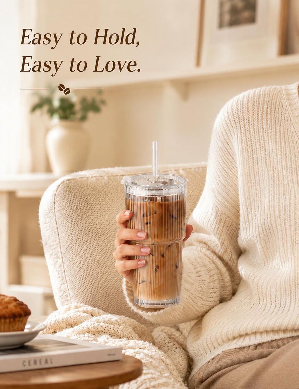 20 oz Ribbed Glass Tumblers with Lids and Straws, Set of 4 H70270