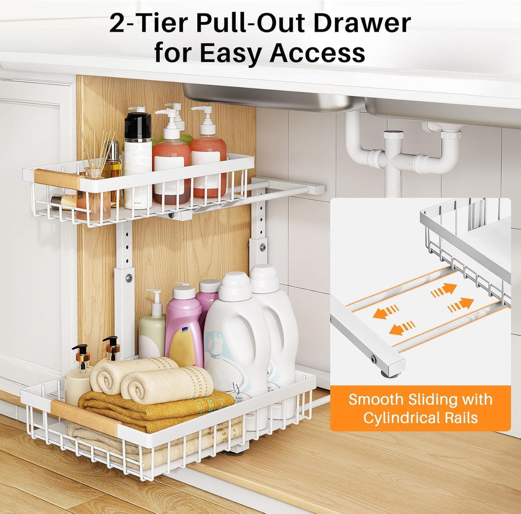 Adjustable 2 Tier Pull Out Under Sink Organizer, White, 2 Pack R355