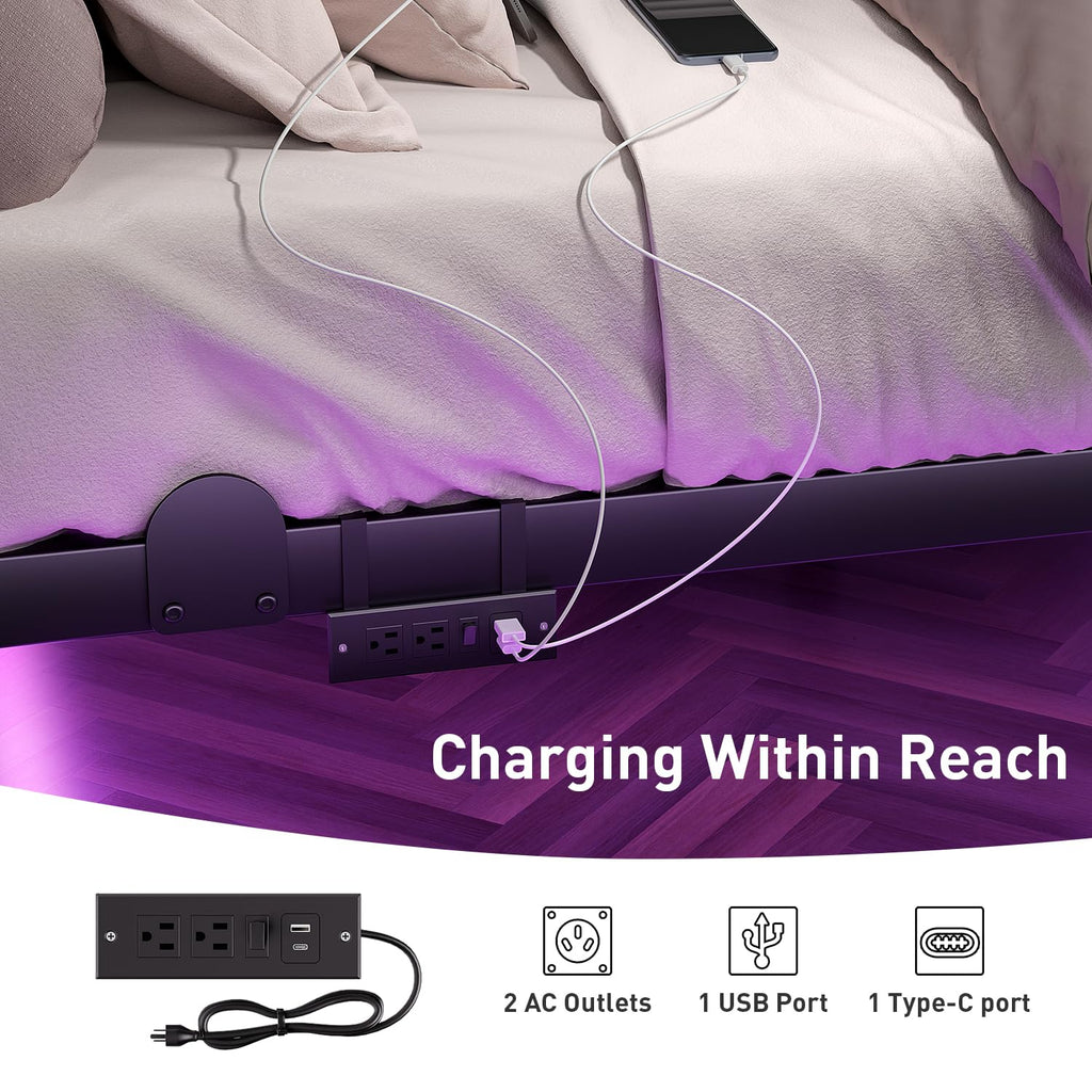 Queen Floating Bed Frame with LED Lights and Charging Station B829