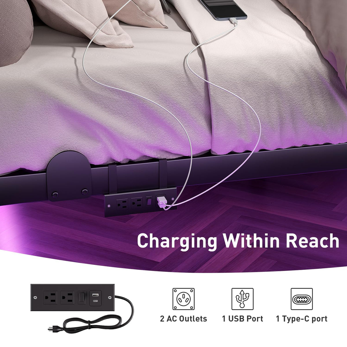 Queen Floating Bed Frame with LED Lights and Charging Station B829