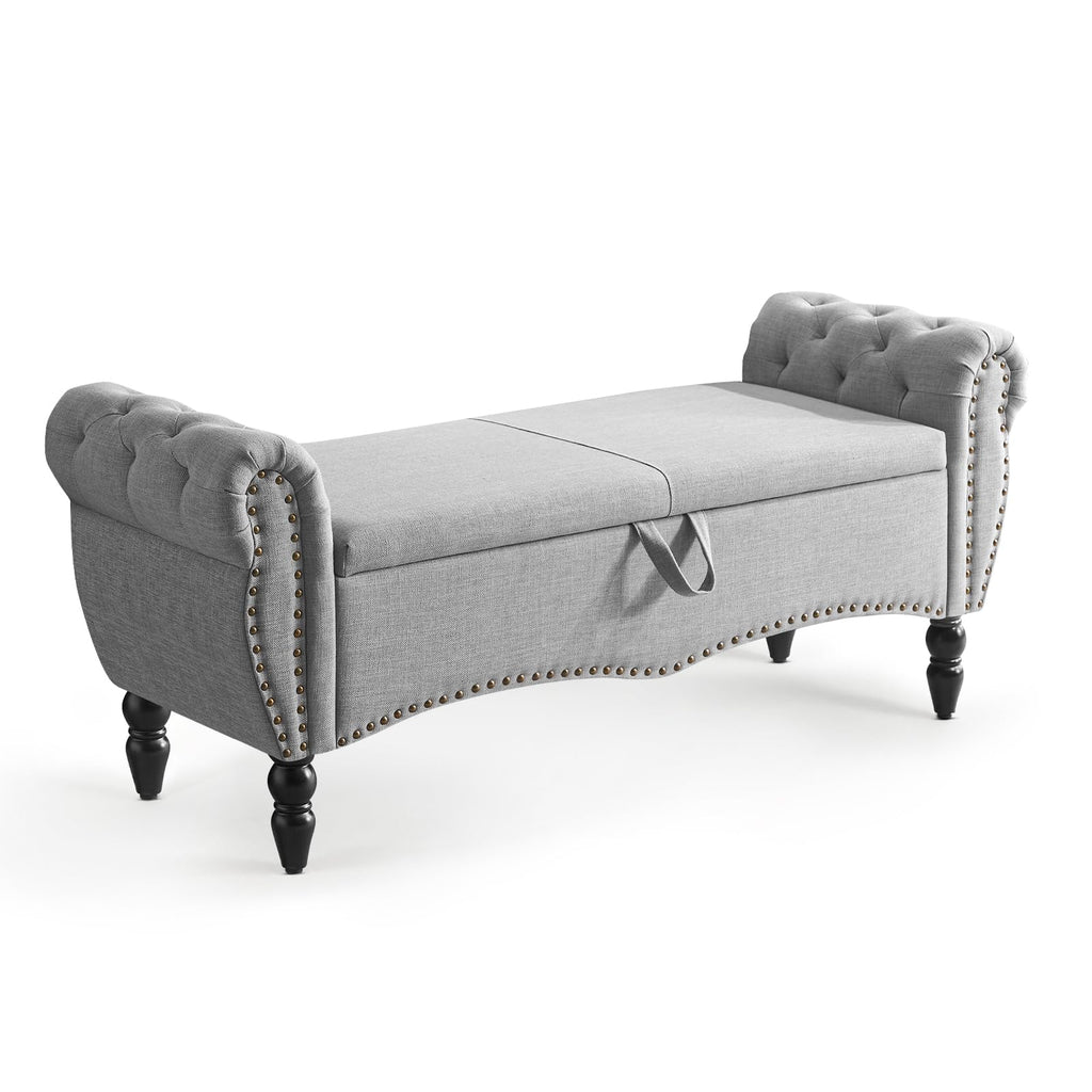Grey Linen Upholstered Storage Bench with Wood Legs W32715