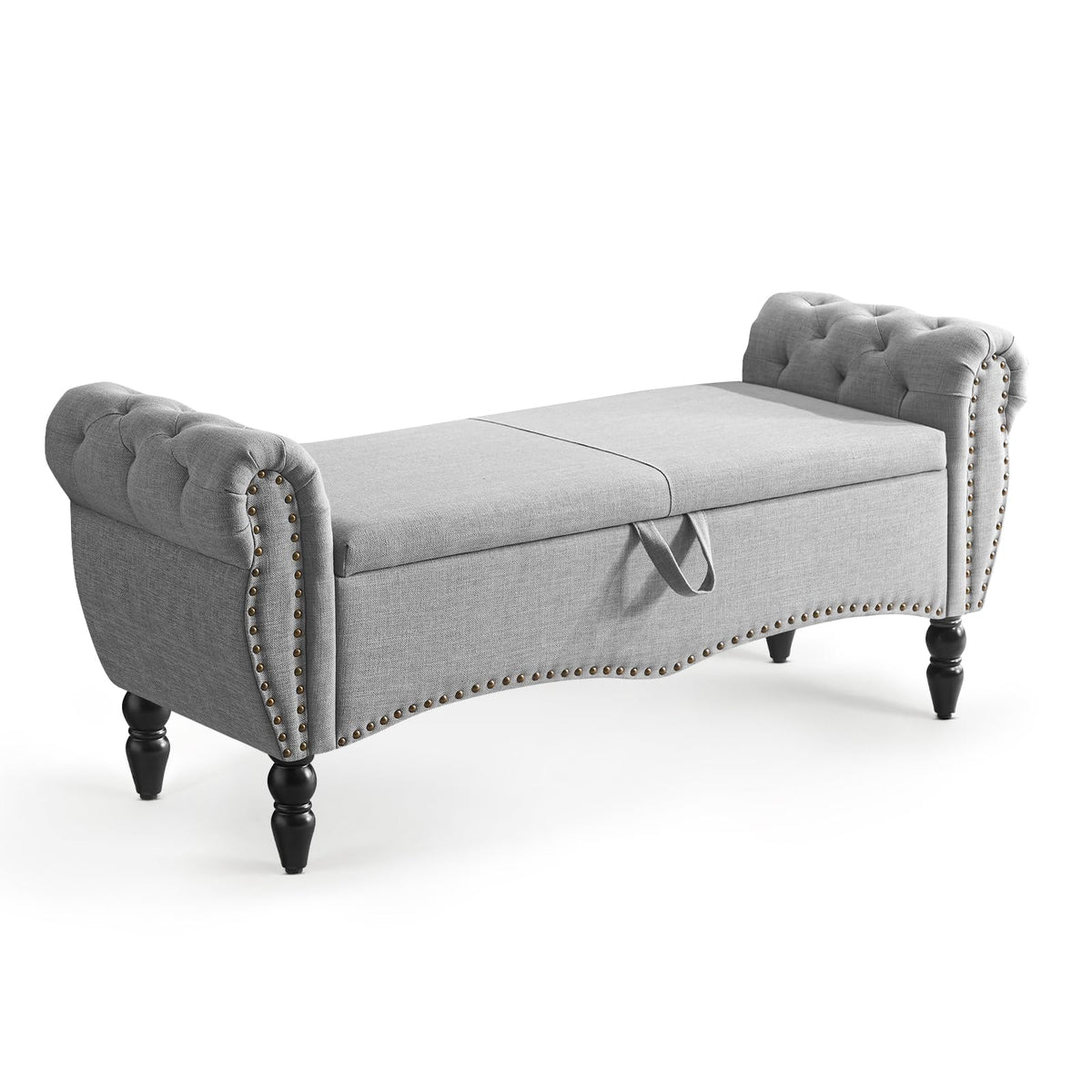 Grey Linen Upholstered Storage Bench with Wood Legs W32715