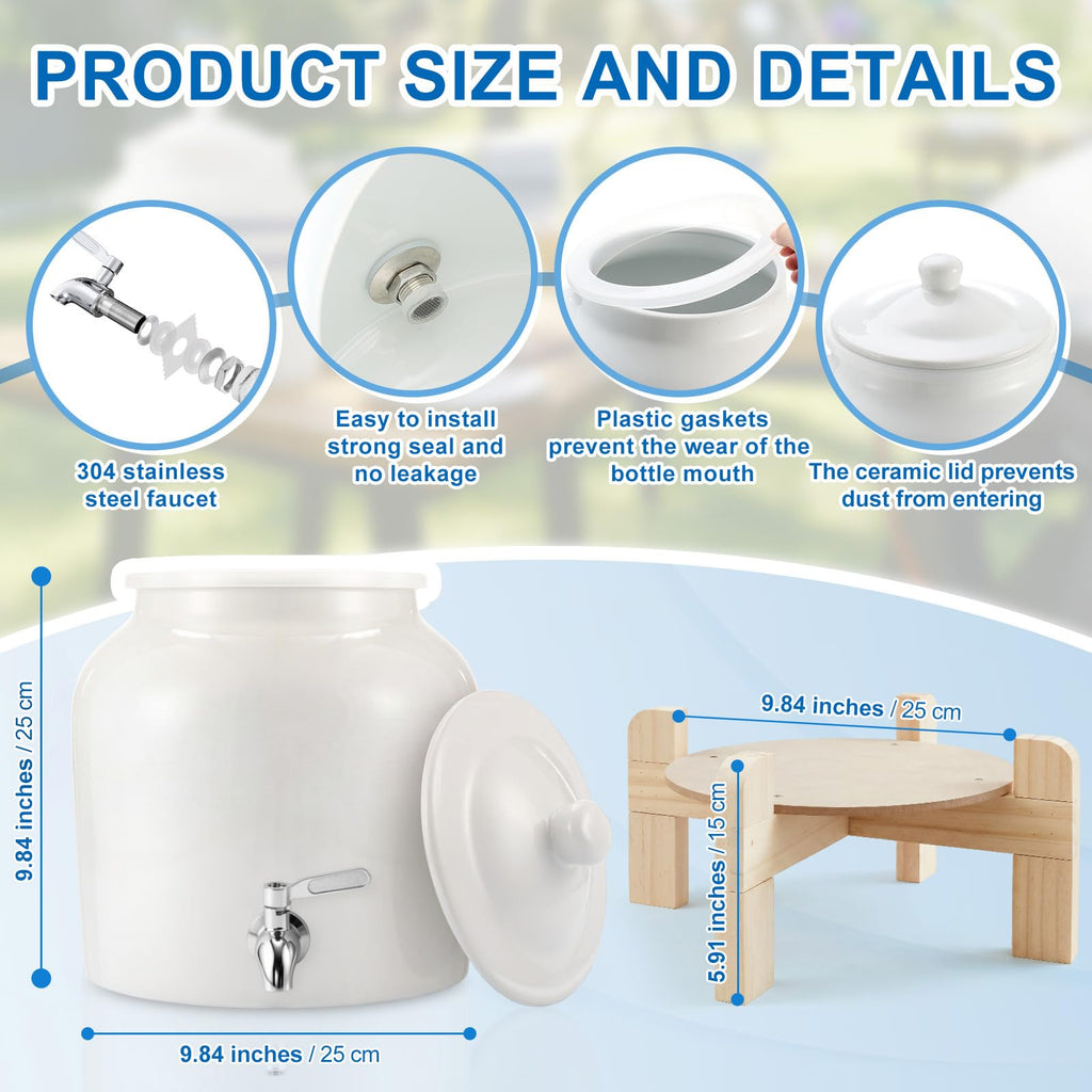 Ceramic Water Dispenser with Wood Stand and Stainless Steel Faucet P624344