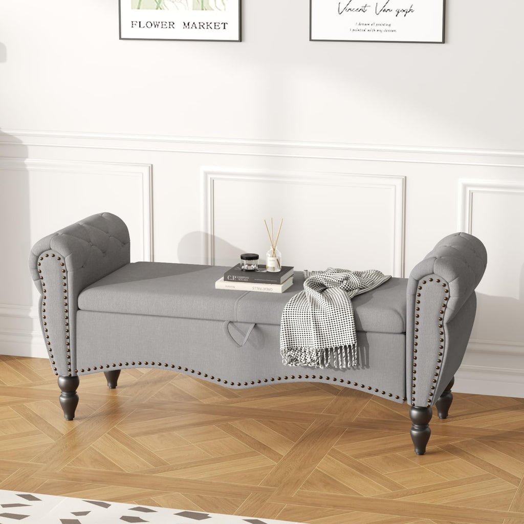 Grey Linen Upholstered Storage Bench with Wood Legs W32715