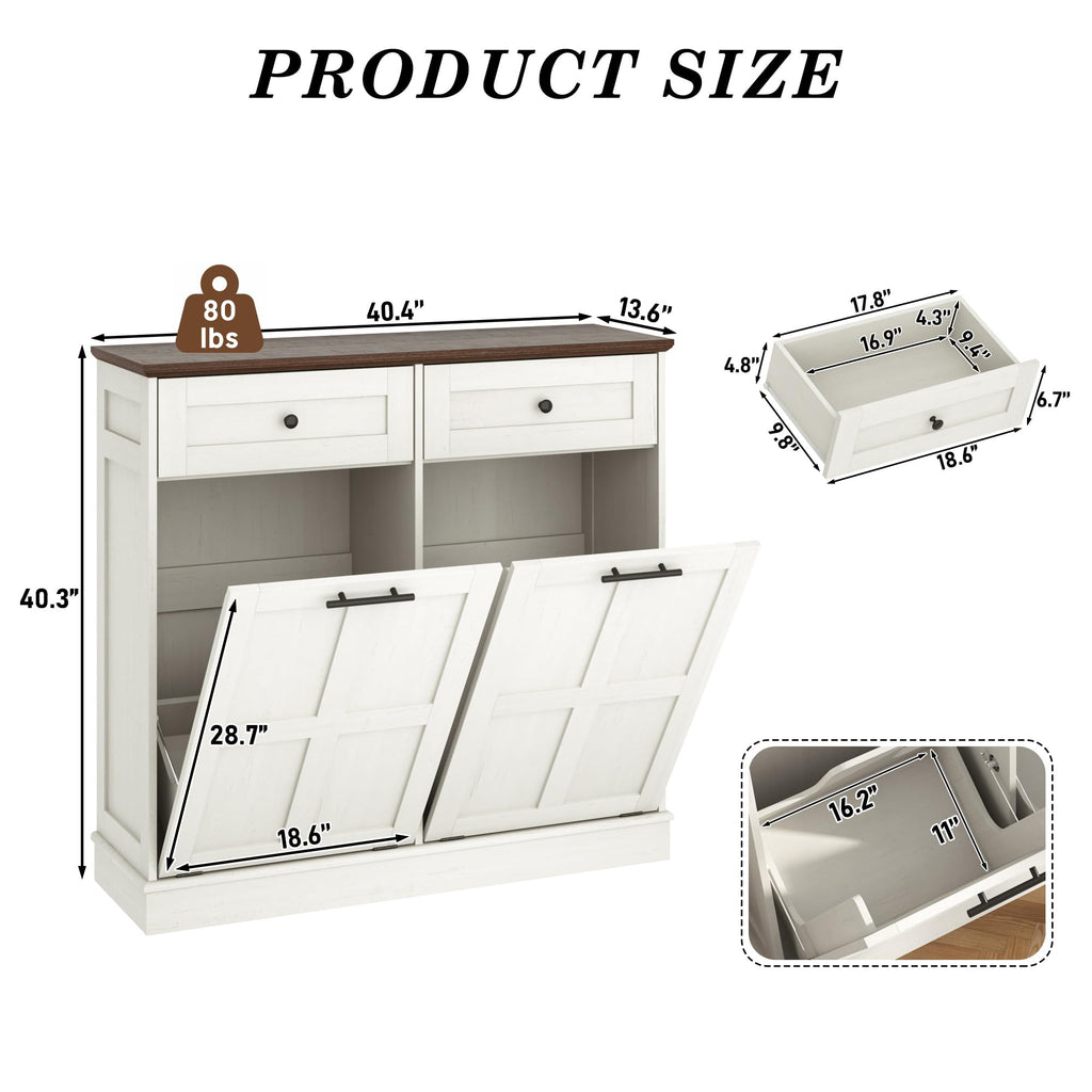 Antique White 26 Gallons Wood Trash Can Cabinet with Drawers Z928824