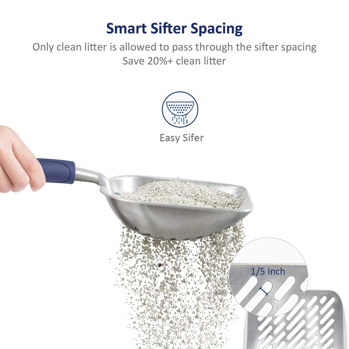 Aluminum Alloy Cat Litter Scoop with Long Handle, Medium Size, Blue Handle I1236