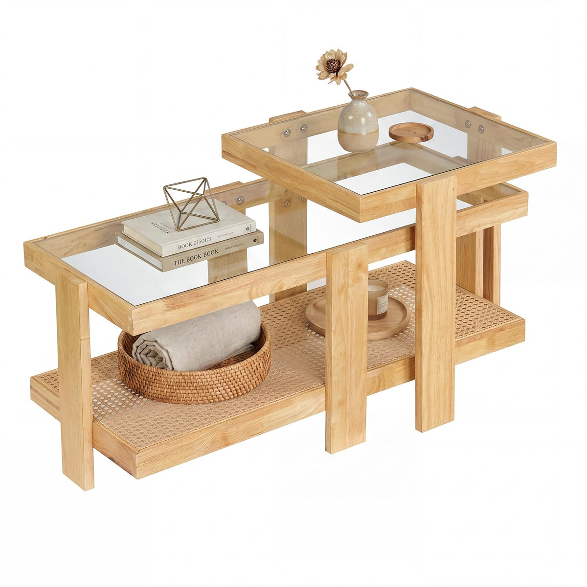 Nesting Coffee Table Set of 2 Rattan Tempered Glass C94629
