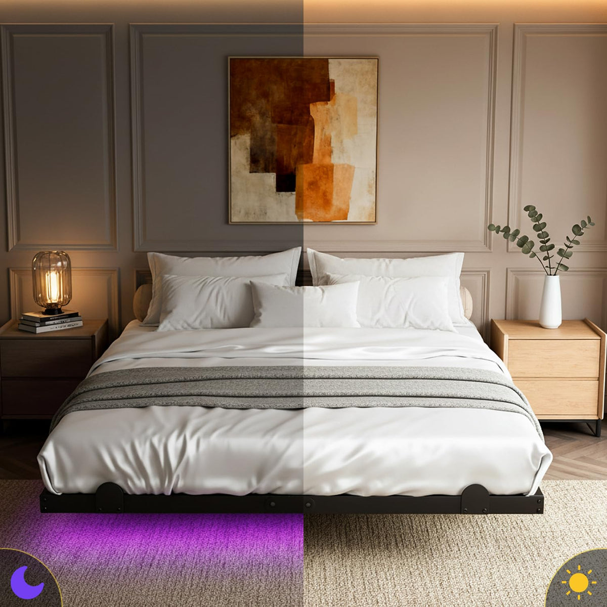 Queen Floating Bed Frame with LED Lights and Charging Station B829