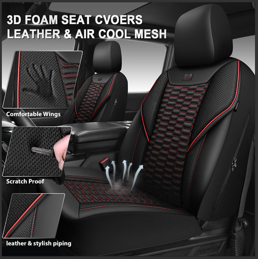 3D Foam Mesh Faux Leather Car Seat Covers Full Set, Black and Red E3690