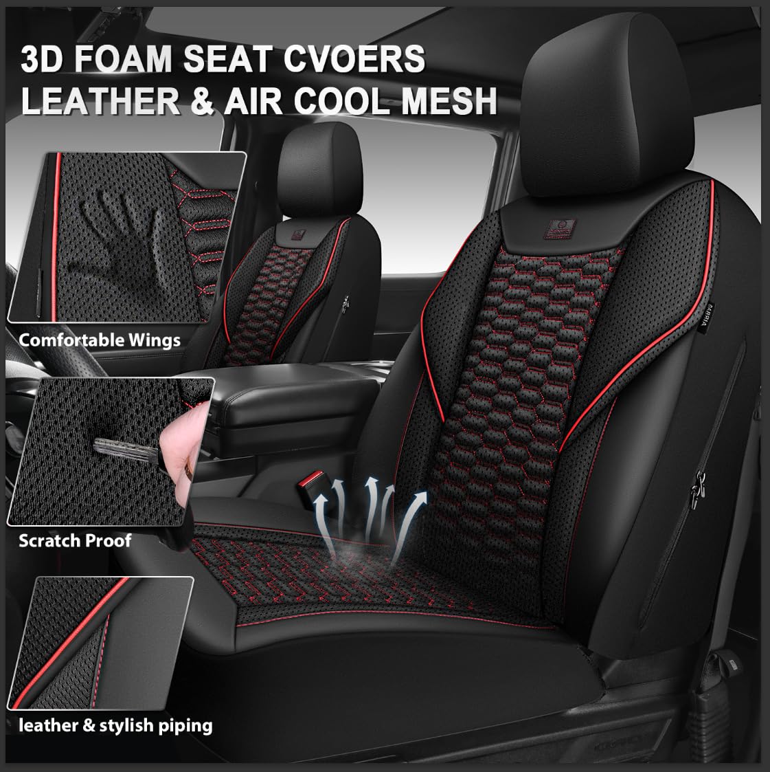 3D Foam Mesh Faux Leather Car Seat Covers Full Set, Black and Red E3690