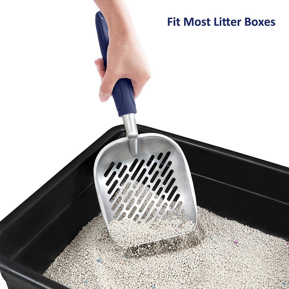 Aluminum Alloy Cat Litter Scoop with Long Handle, Medium Size, Blue Handle I1236