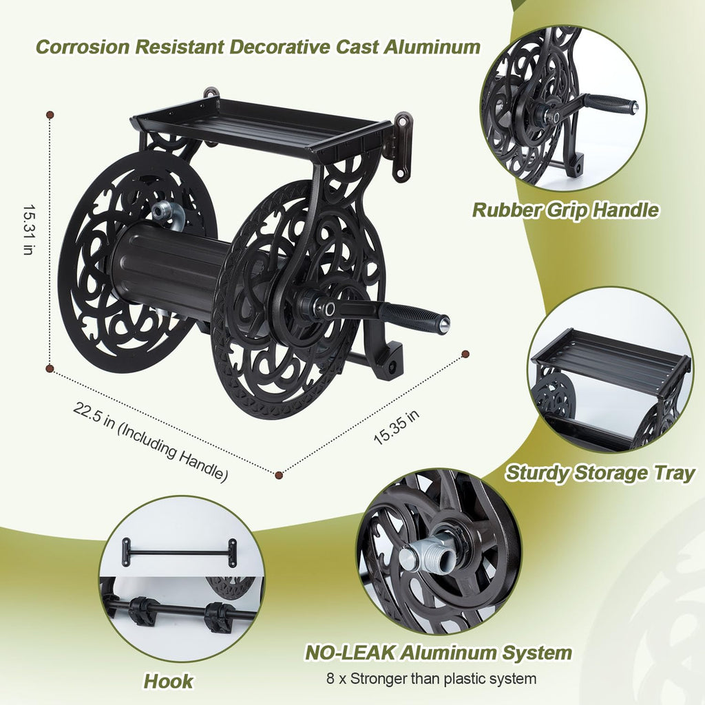 Metal Wall Mount Garden Hose Reel, Holds 125 ft x 5/8'' Hose, Dark Bronze H635