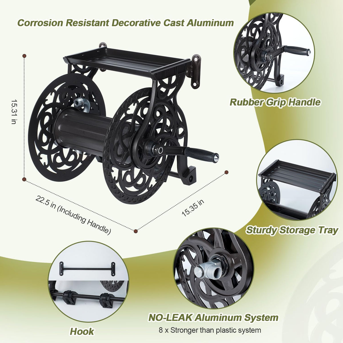 Metal Wall Mount Garden Hose Reel, Holds 125 ft x 5/8'' Hose, Dark Bronze H635