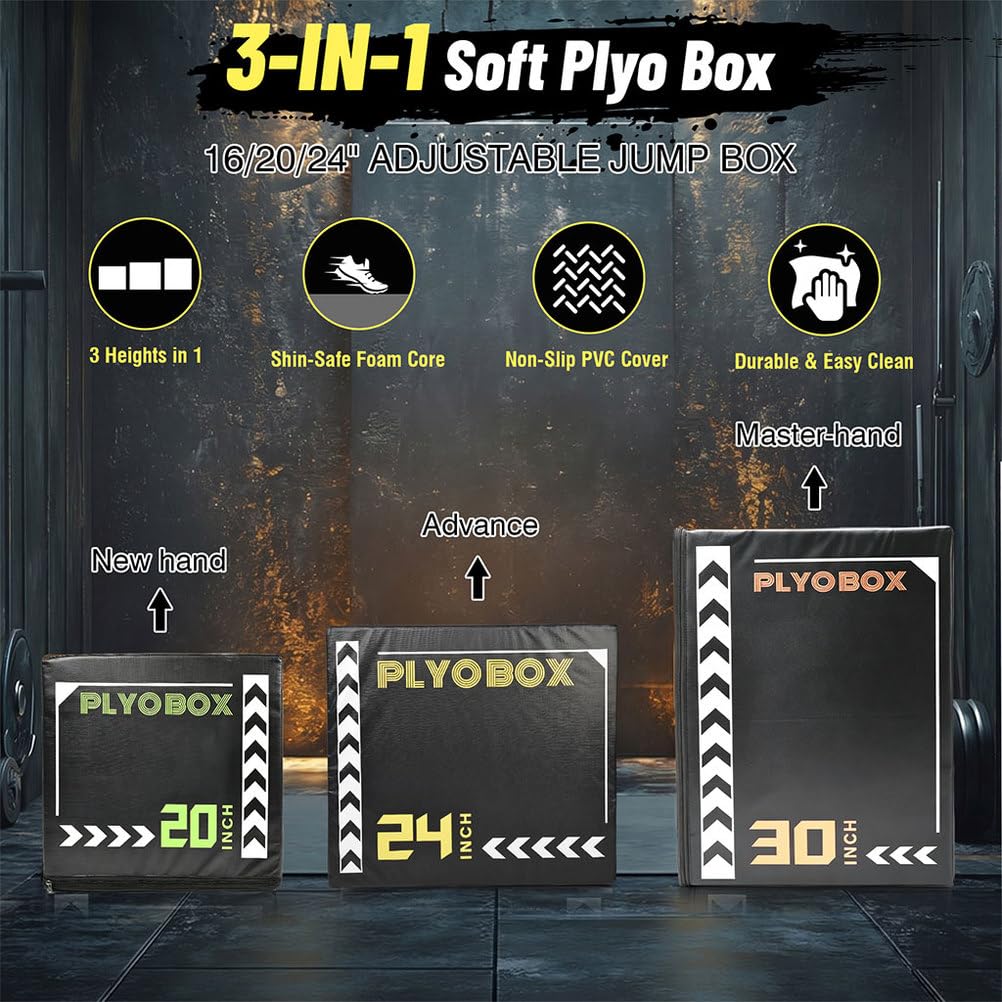 3-in-1 Foam Plyometric Jump Box, 20/24/30 Inch Plyo Box with Non-Slip PVC Cover G7080
