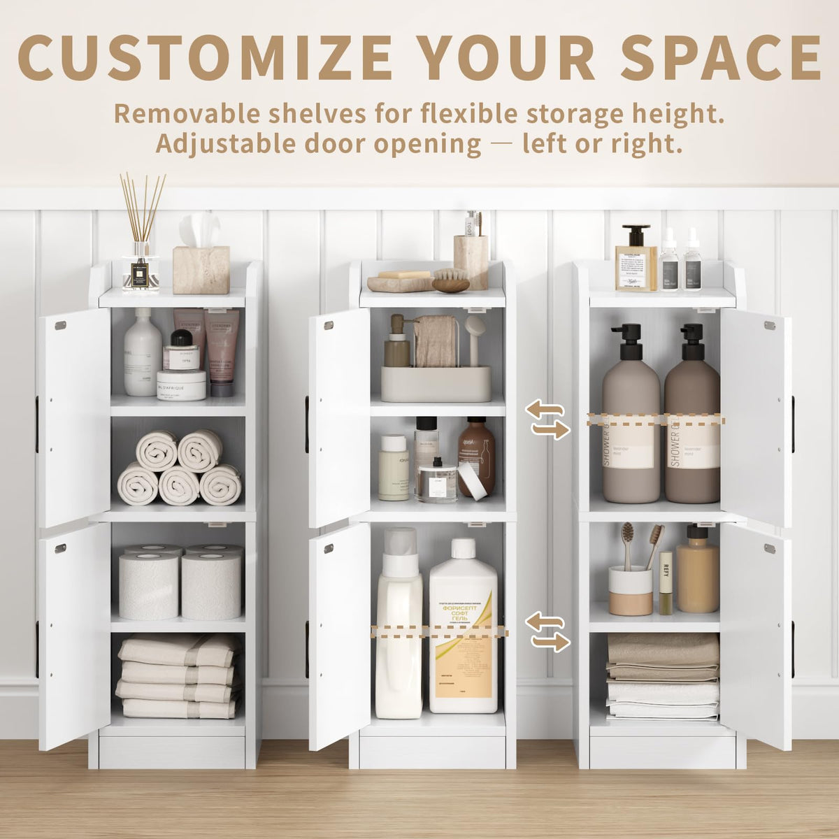 White Narrow Bathroom Storage Cabinet with 2 Doors and Shelves V232
