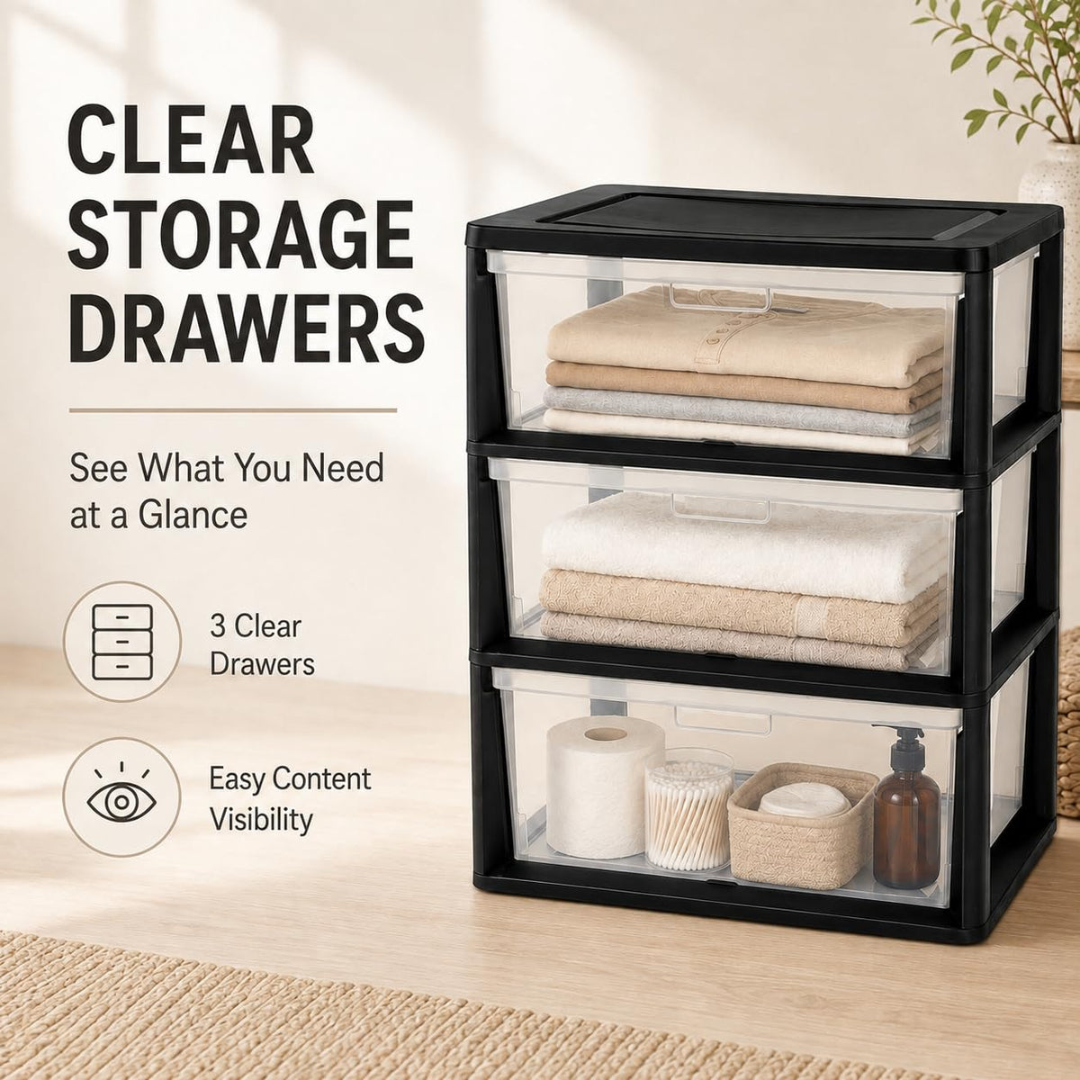 Plastic 3 Drawer Storage Tower with Clear Removable Bins R8542