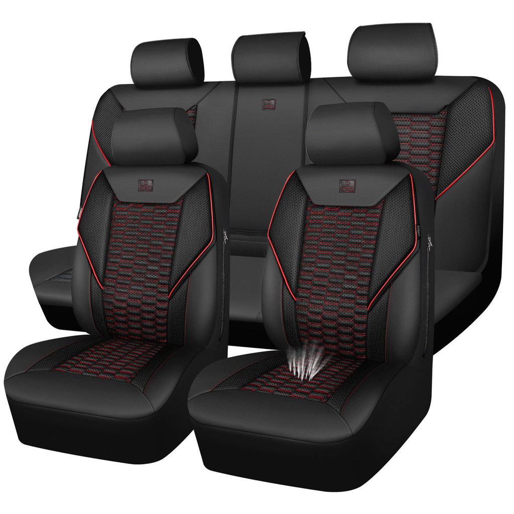 3D Foam Mesh Faux Leather Car Seat Covers Full Set, Black and Red E3690