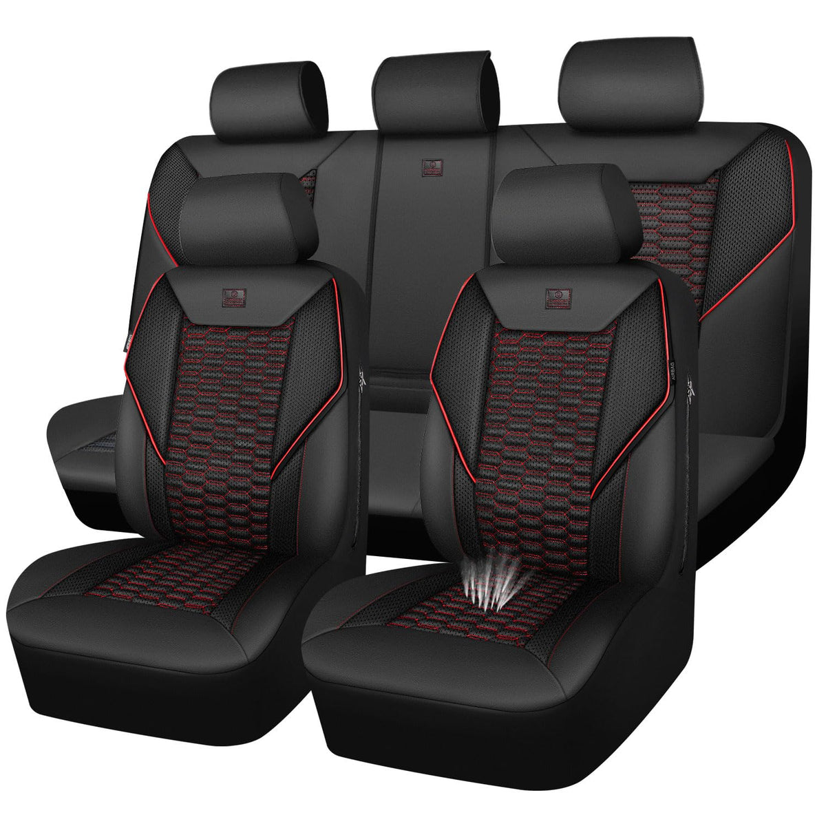 3D Foam Mesh Faux Leather Car Seat Covers Full Set, Black and Red E3690