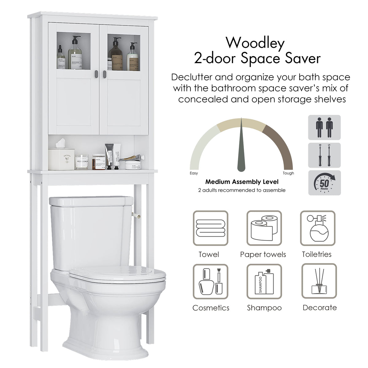 White Over the Toilet Storage Cabinet with Glass Doors W237924
