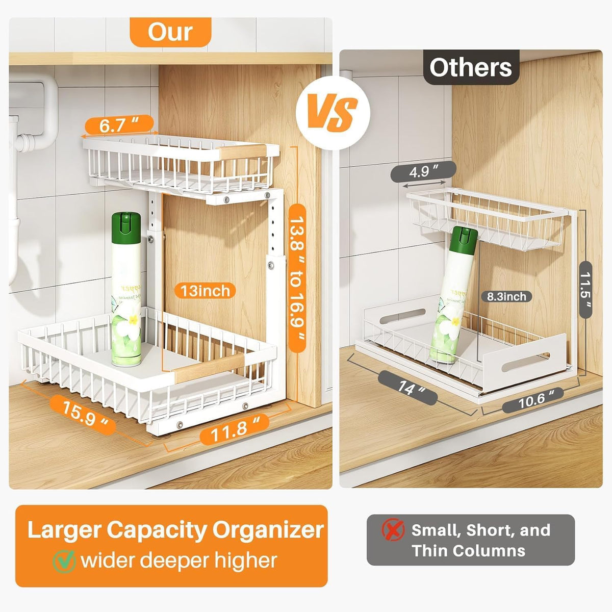 Adjustable 2 Tier Pull Out Under Sink Organizer, White, 2 Pack R355