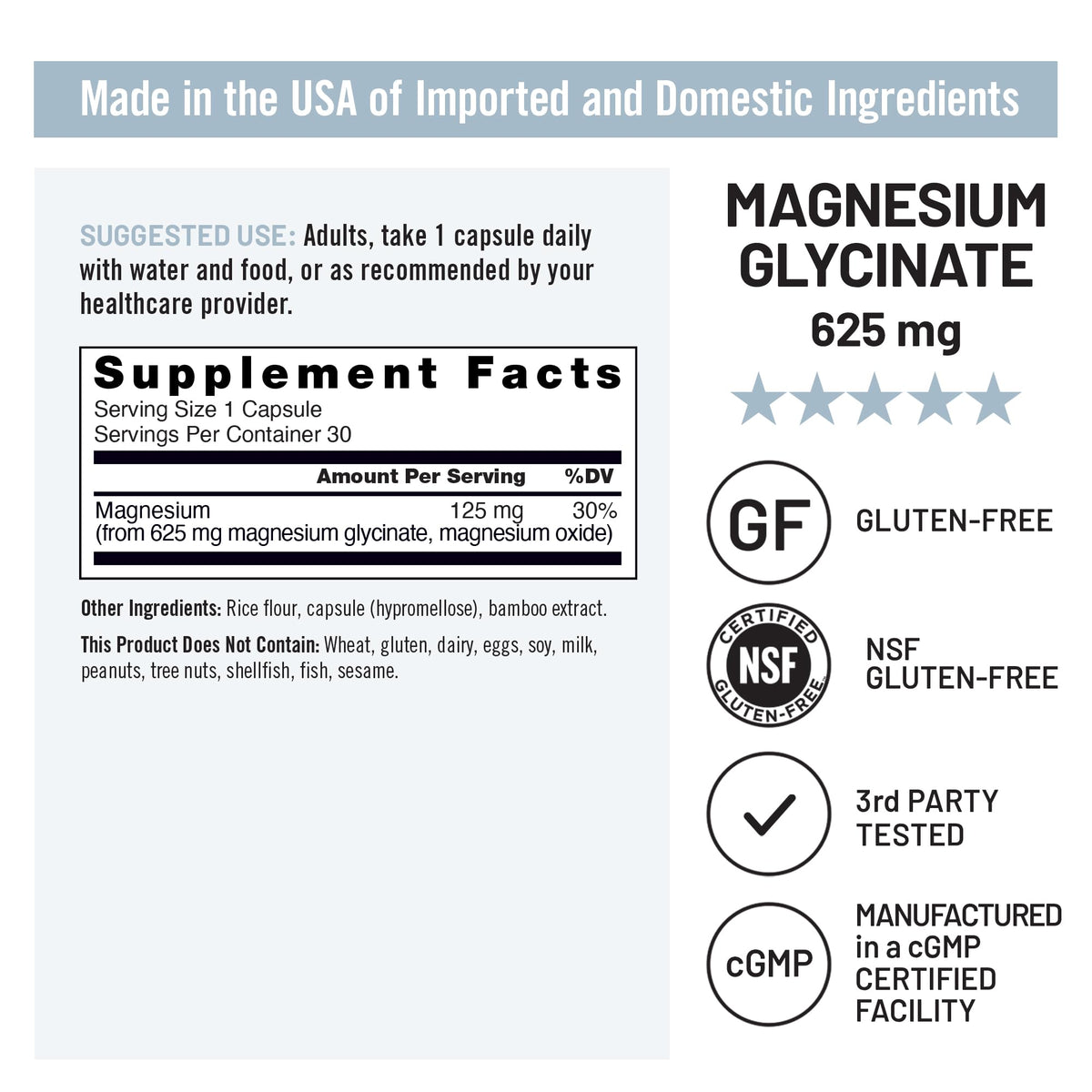 Magnesium Glycinate 625 mg Vegan 30 Capsules V527862