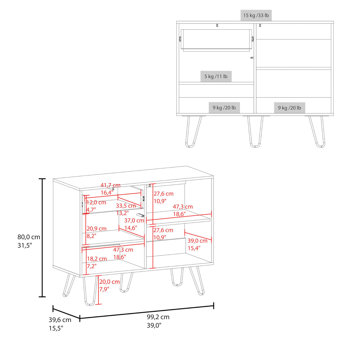 39" Wide Console Table with Two Cabinets, One Drawer and Four Shelves Q2353