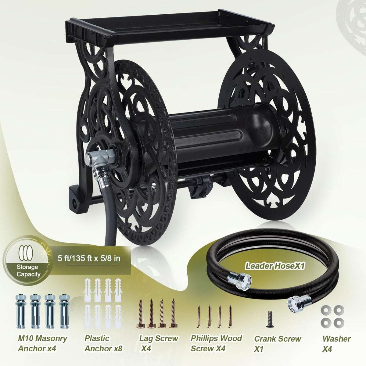 Metal Wall Mount Garden Hose Reel, Holds 125 ft x 5/8'' Hose, Dark Bronze H635