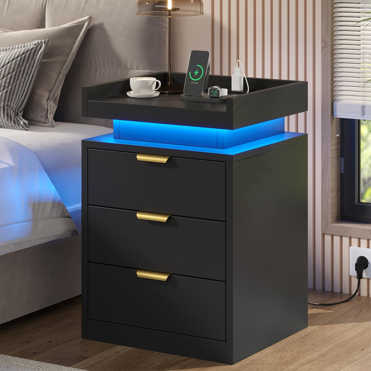 Black 3 Drawer LED Nightstand with Charging Station I1204