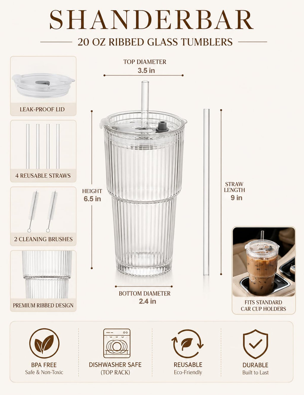 20 oz Ribbed Glass Tumblers with Lids and Straws, Set of 4 H70270