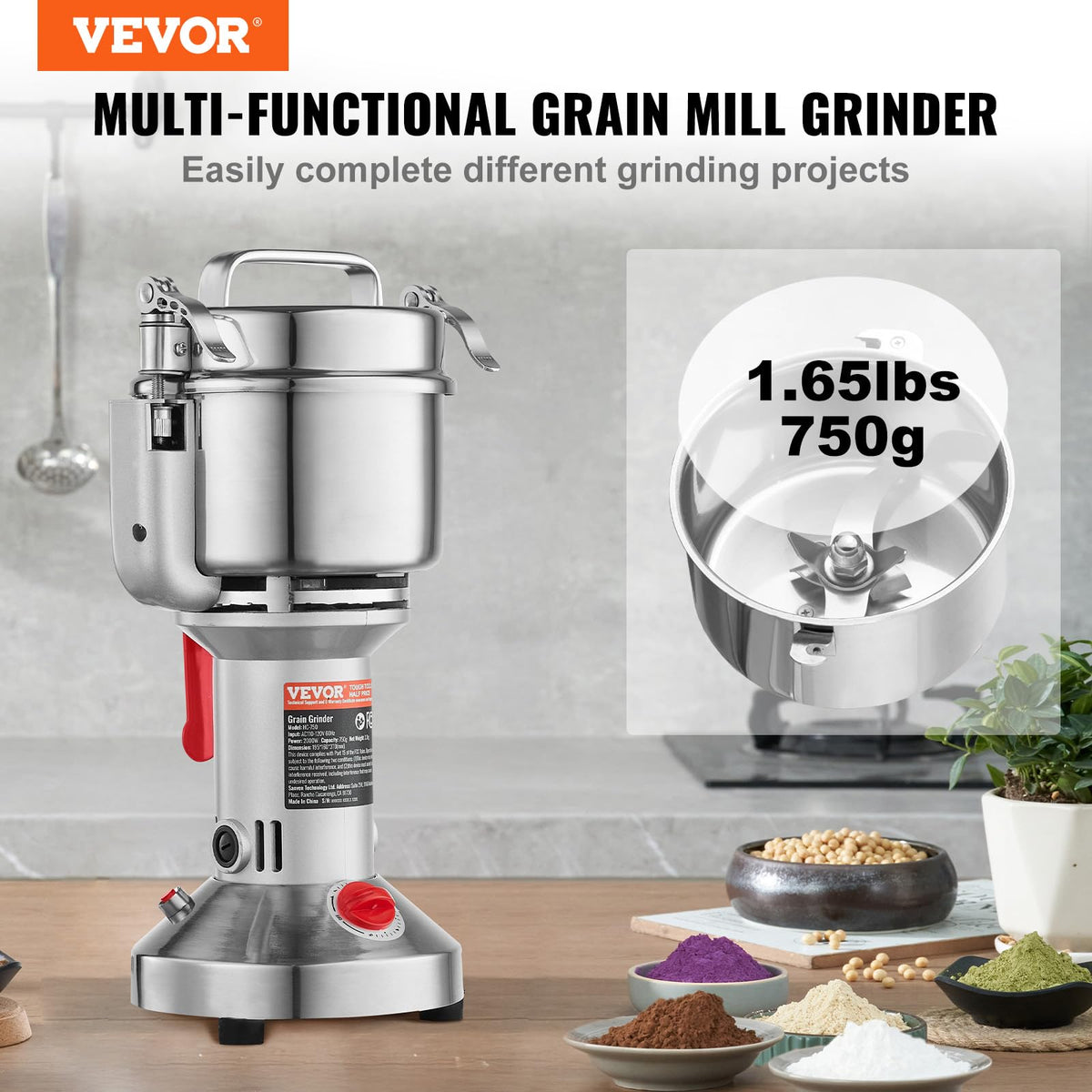 750g 2000W Stainless Steel Electric Grain Mill Grinder S9532