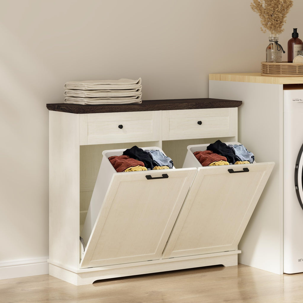 20 Gallon Double Tilt Out Wood Trash Can Cabinet with Drawer D4337