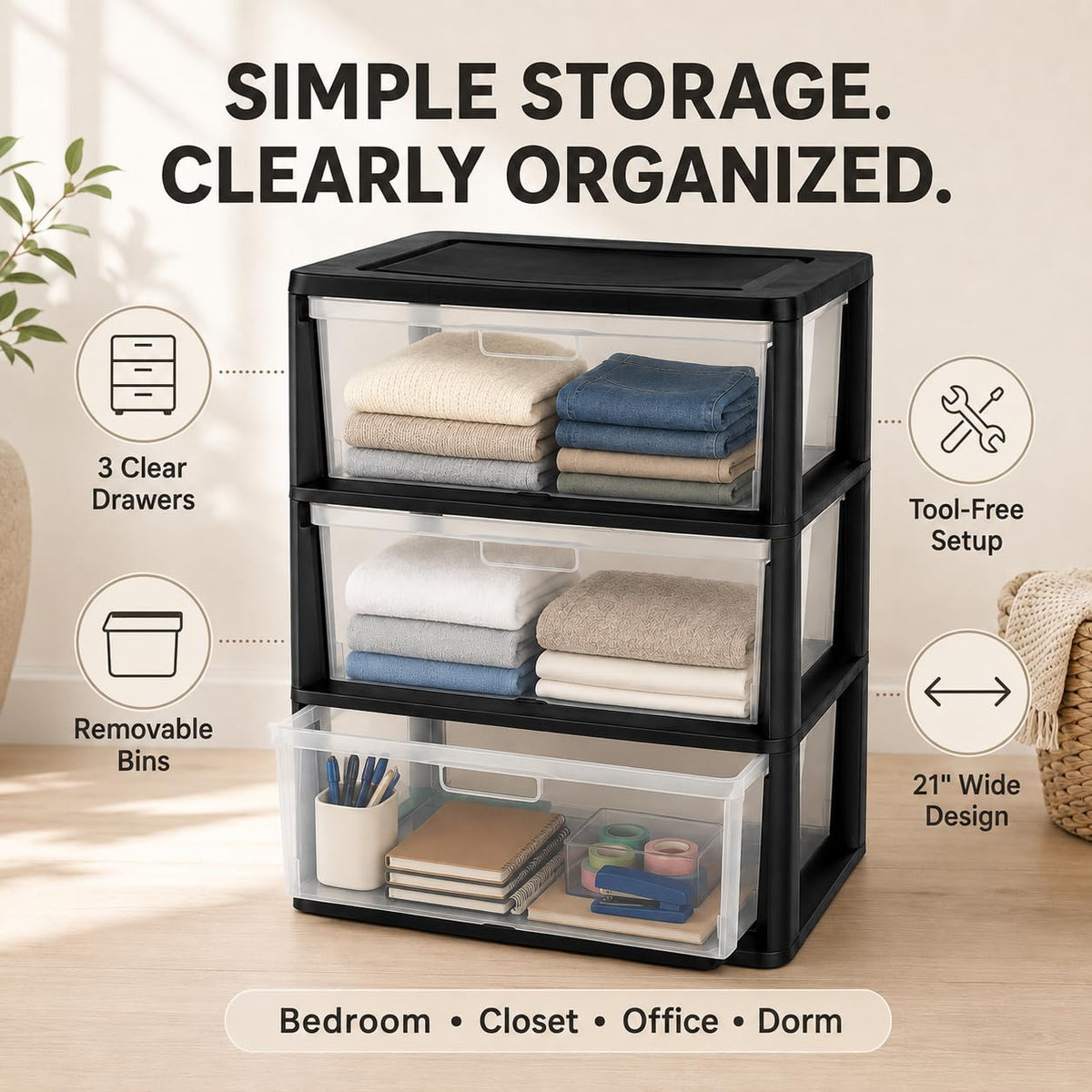 Plastic 3 Drawer Storage Tower with Clear Removable Bins R8542
