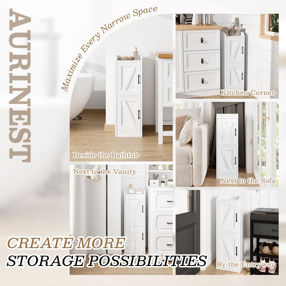 White Narrow Bathroom Storage Cabinet with 2 Doors and Shelves V232
