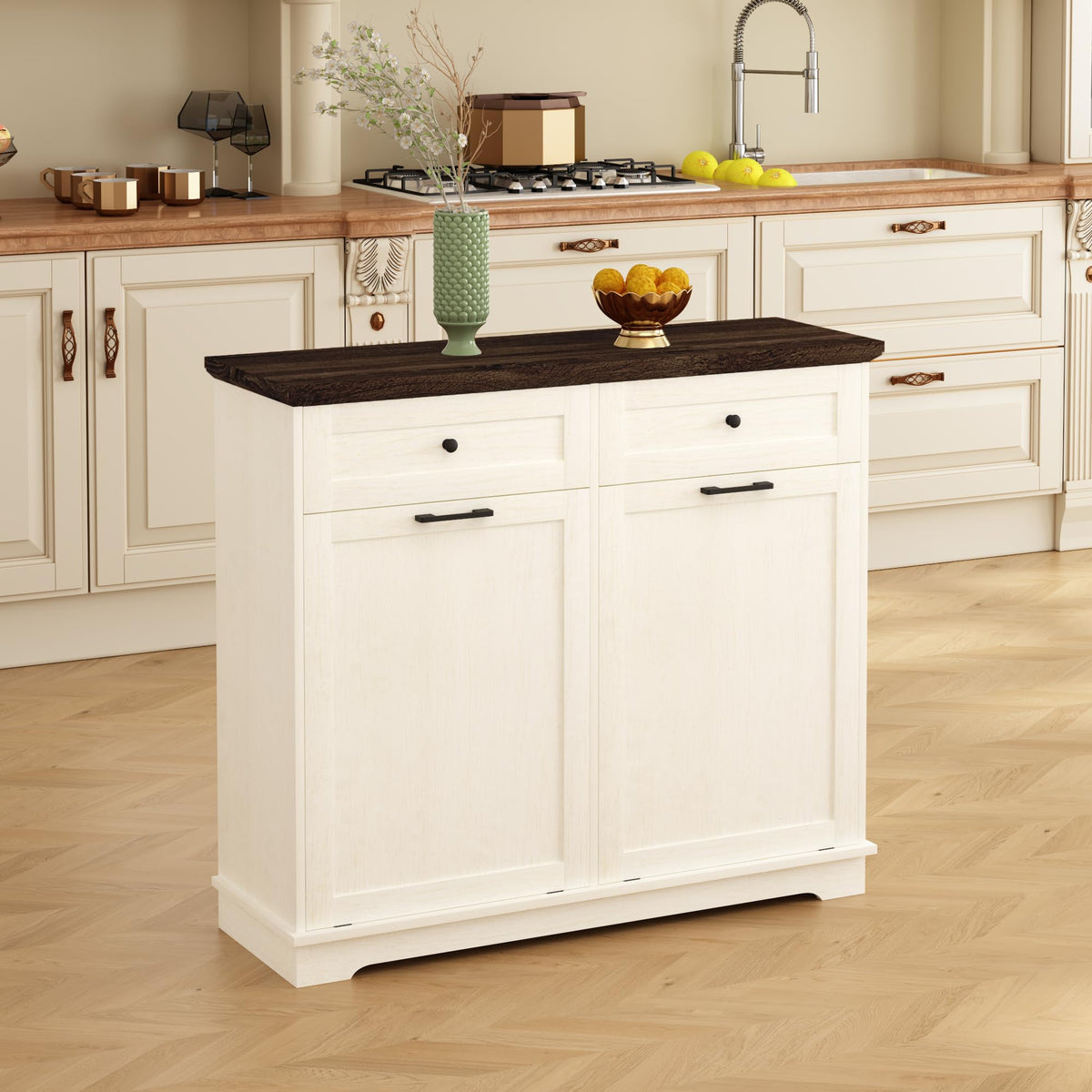 20 Gallon Double Tilt Out Wood Trash Can Cabinet with Drawer D4337