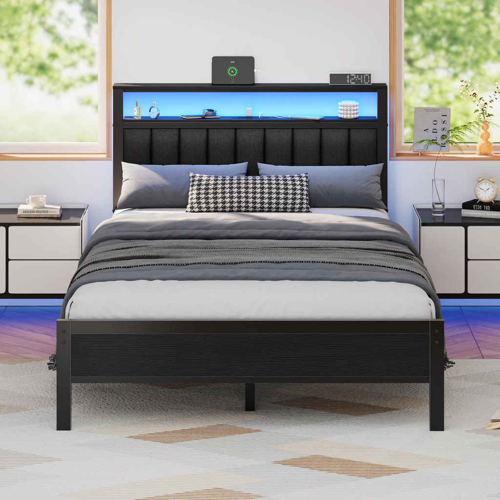 Full Size Bed Frame with Charging Station and LED Lights A6588
